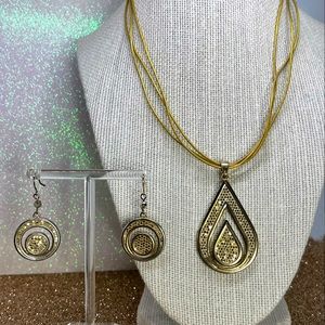 Vintage Gold Mosaic Teardrop Medallion on Silk Cord w/Matching Earrings